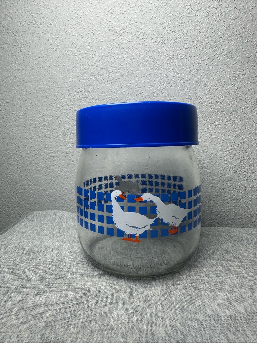Vintage Carlton USA 1982 Blue-Lid Glass Jar with Goose Motif